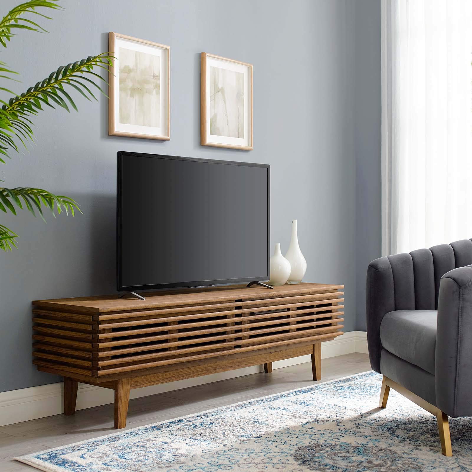 Modern TV Stand with Storage - Solid Wood Media Console for Living Room, Lounge, Lobby - Walnut Brown Finish - Perfect for Home Theater & Entertainment Centers