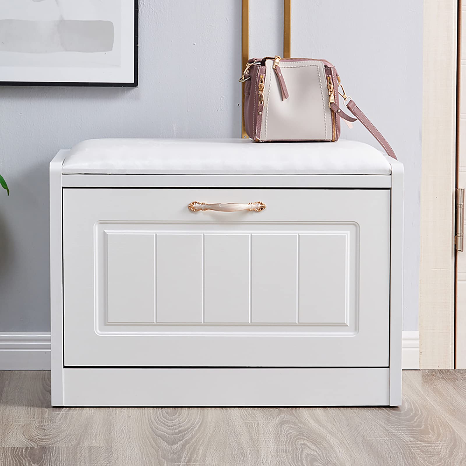 Premium Leather Upholstered Shoe Bench with Hidden Storage Shelf - Modern Entryway Shoe Organizer Cabinet (White, 30x12x18 inches) - Perfect for Small Spaces, Hallway & Mudroom Organization
