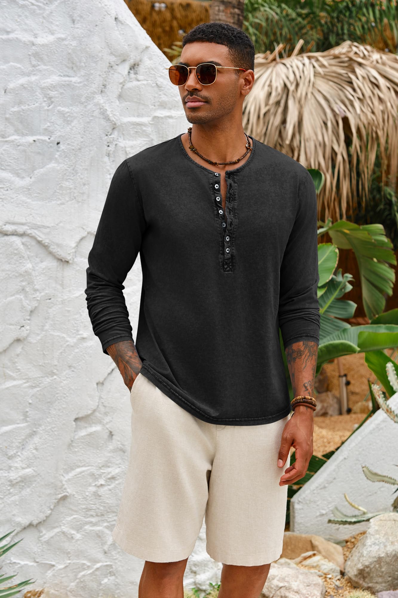 Vintage Washed Distressed Henley Shirts for Men - Retro Long Sleeve Button Down Placket Tee | Casual Workwear & Weekend Outfit Essential