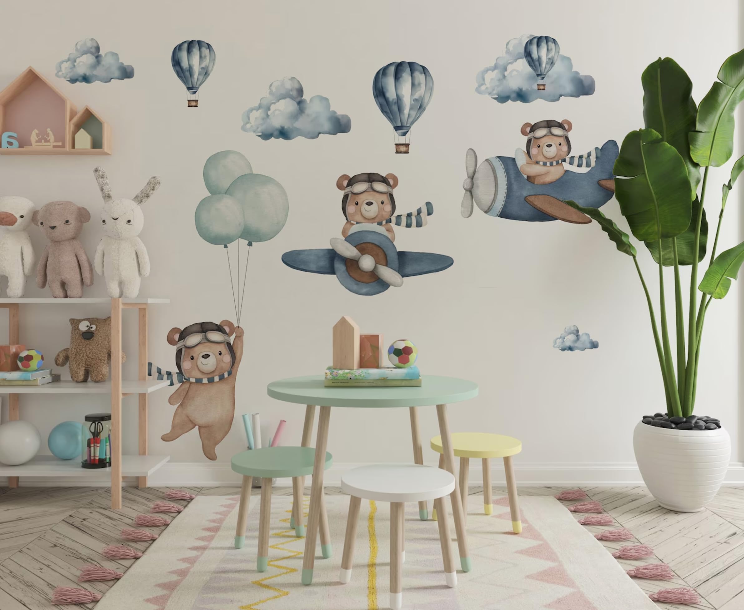 Large Bear & Airplanes Wall Stickers for Kids Room Decor - Removable Nursery Wall Decals with Hot Air Balloon Design - Playroom & Bedroom Wall Art for Boys & Girls - Perfect for Baby Rooms, Toddler Play Areas & Kids Bedroom Decor