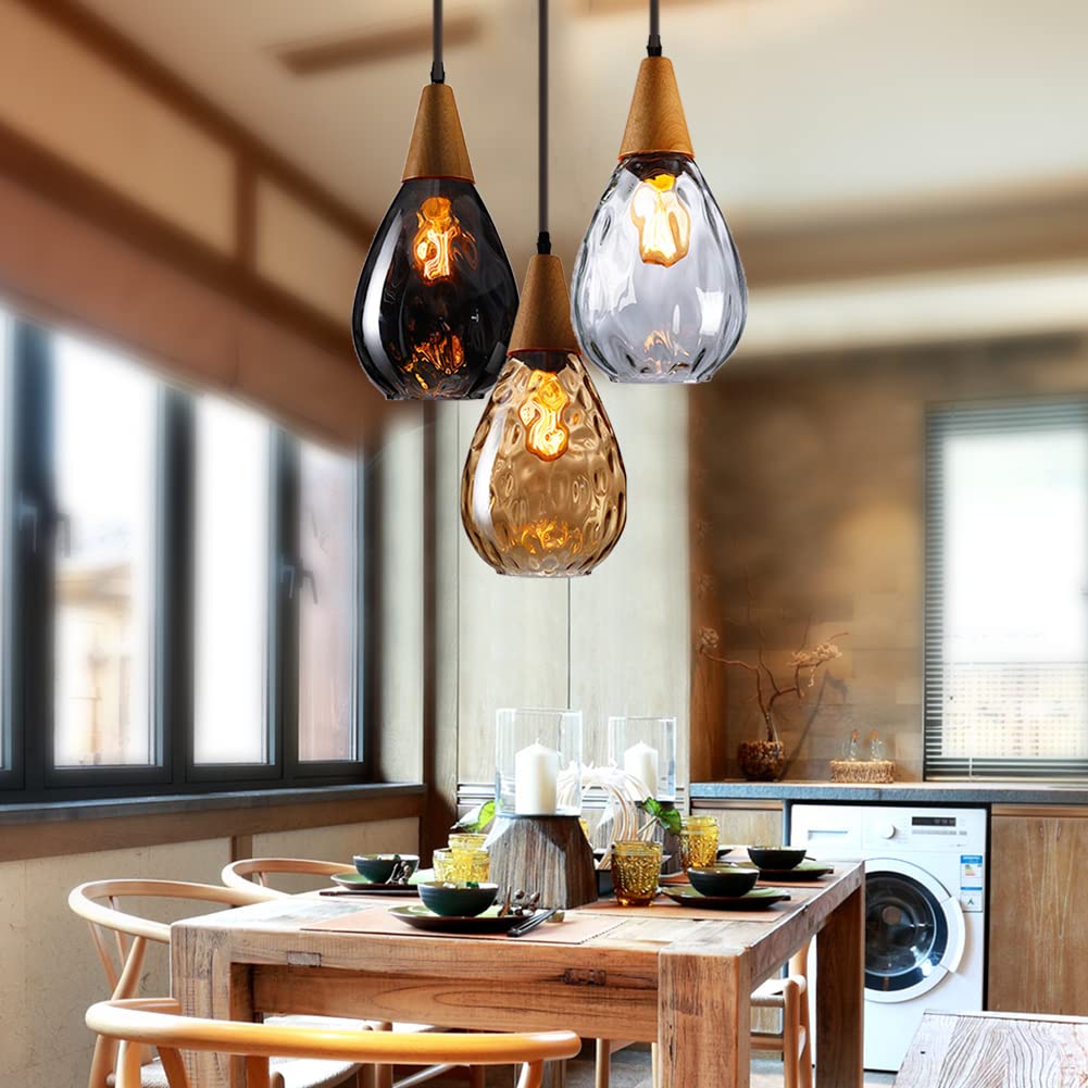 MoreChange 3-Light Cluster Glass Pendant Lighting Fixture with Water Drop Shade - Modern Kitchen Island & Dining Room Ceiling Light for Home, Bar, Restaurant Decor