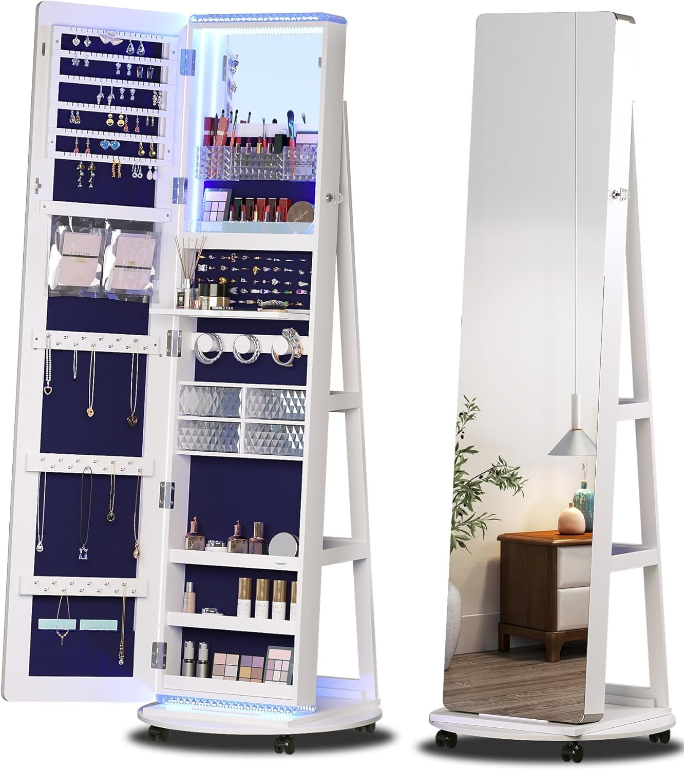 360° Swivel Standing Full-Length Mirror Jewelry Cabinet with LED Lights - Jewelry Armoire Organizer with Storage Shelves & Floor Stand - Perfect for Bedroom, Closet, Dressing Room & Vanity Decor