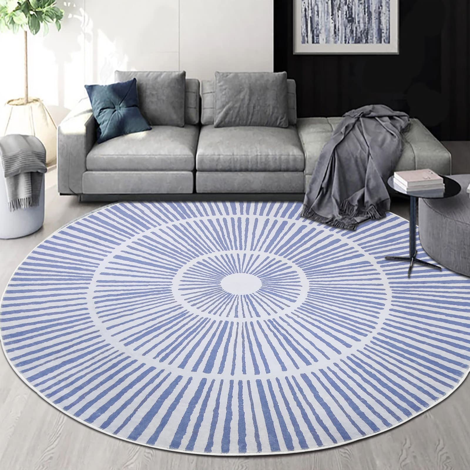 Modern Abstract Round Area Rug - 6ft Fluffy Circle Carpet for Living Room, Bedroom, Dining & Kitchen | Soft Washable Indoor Floor Mat | Blue Home Decor Rug for Cozy Spaces & Stylish Interiors