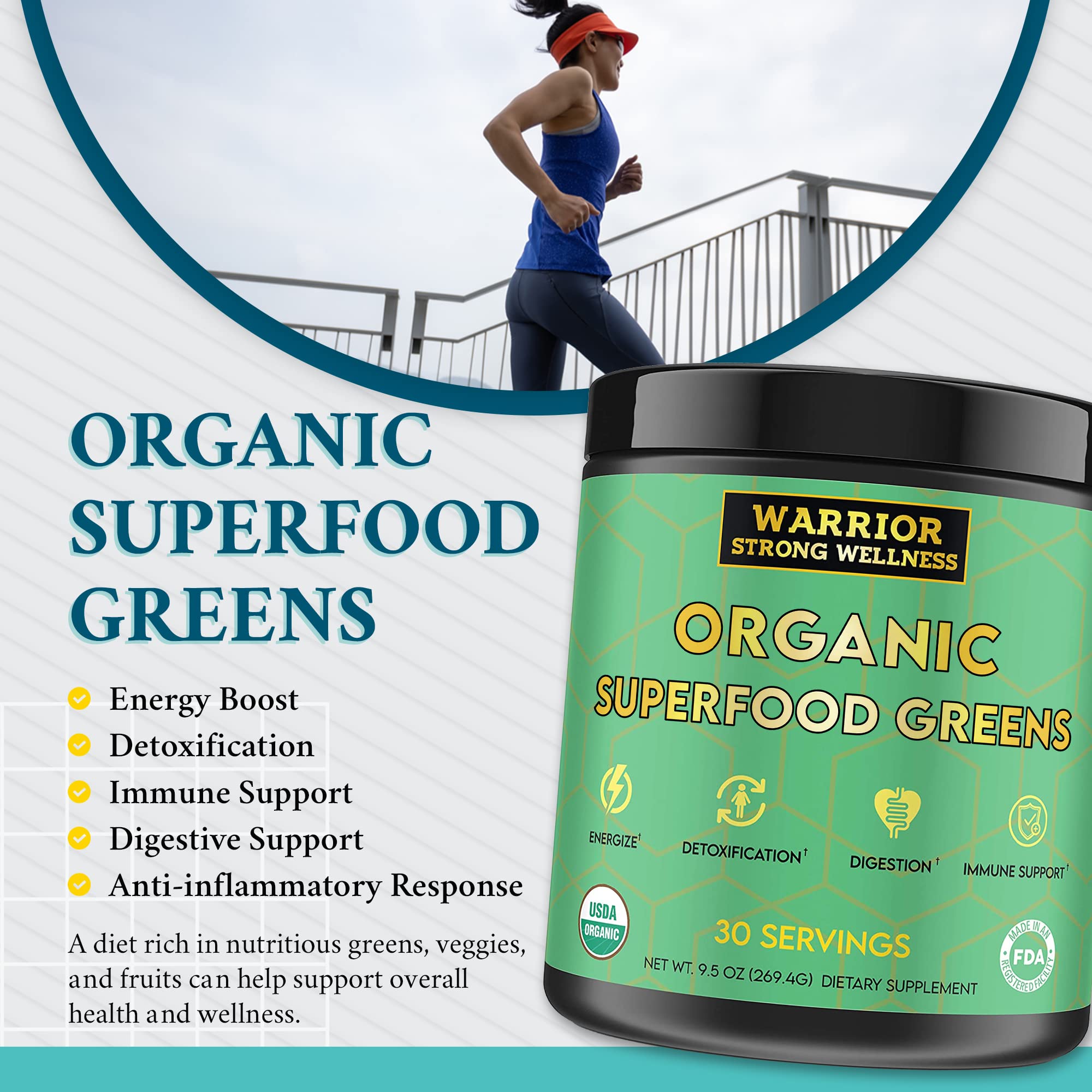 Certified Organic Greens Powder - 30 Servings - Superfood Supplement with Spirulina, Wheatgrass & Kale - Energy Boosting Detox Drink - Vegan Fruit & Vegetable Powder with Apple Cider Vinegar & Green Tea Extract - Perfect for Smoothies, Juices & Post-Workout Recovery