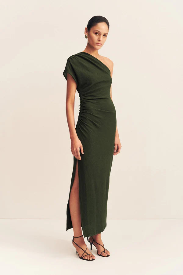 Beau Asymmetrical Midi Dress in Army Green - Women's Fashion A-Line Flowy Dress for Casual Outings, Date Nights & Special Occasions