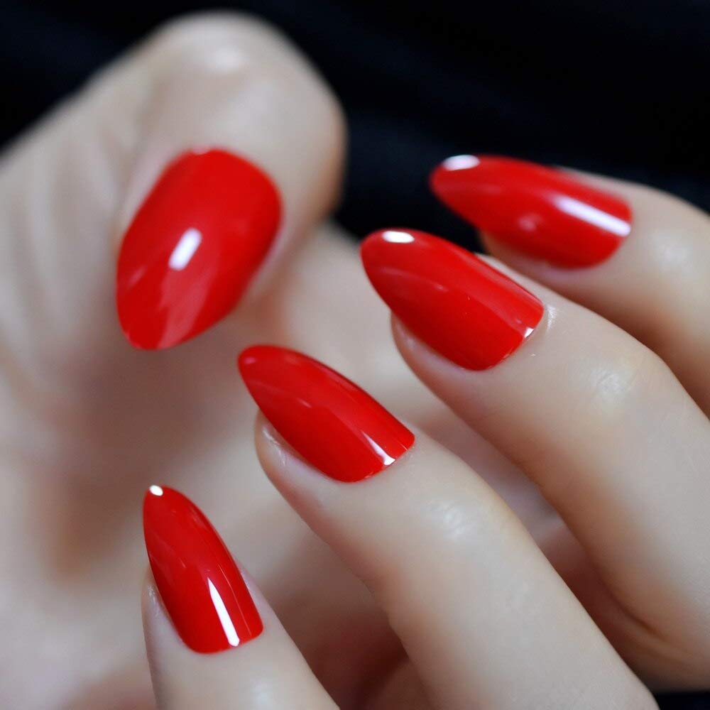 Sharp Stiletto Press On Nails - Bright Red Fake Nails with Glue Sticker | Pointed False Nails Tips for Women | Perfect for Parties, Weddings & Special Occasions