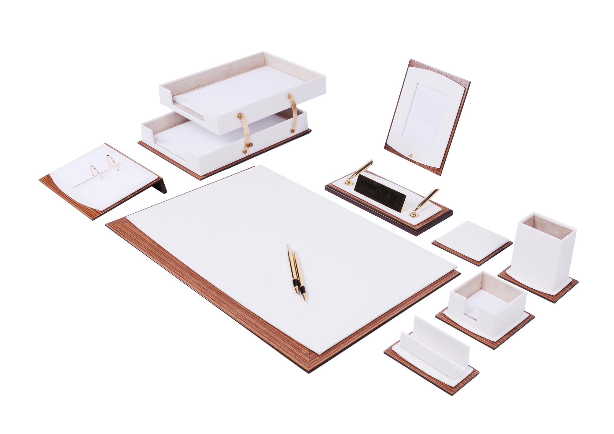 Premium Leather & Wood Desk Organizer Set - 11 Pcs Luxury Office Accessories with Double Tray, Desk Supplies for Home & Office (White) - Perfect for Executive Desks, Workstations & Home Office Organization