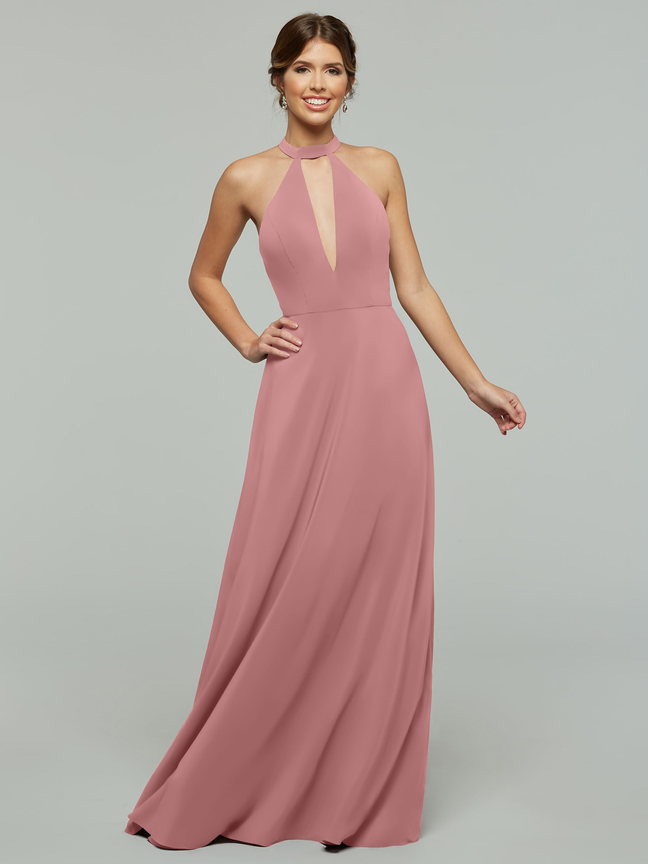 Elegant 80115 Stretch Chiffon A-Line Bridesmaid Dress with Plunging Halter Neckline - Perfect for Weddings, Formal Events & Special Occasions