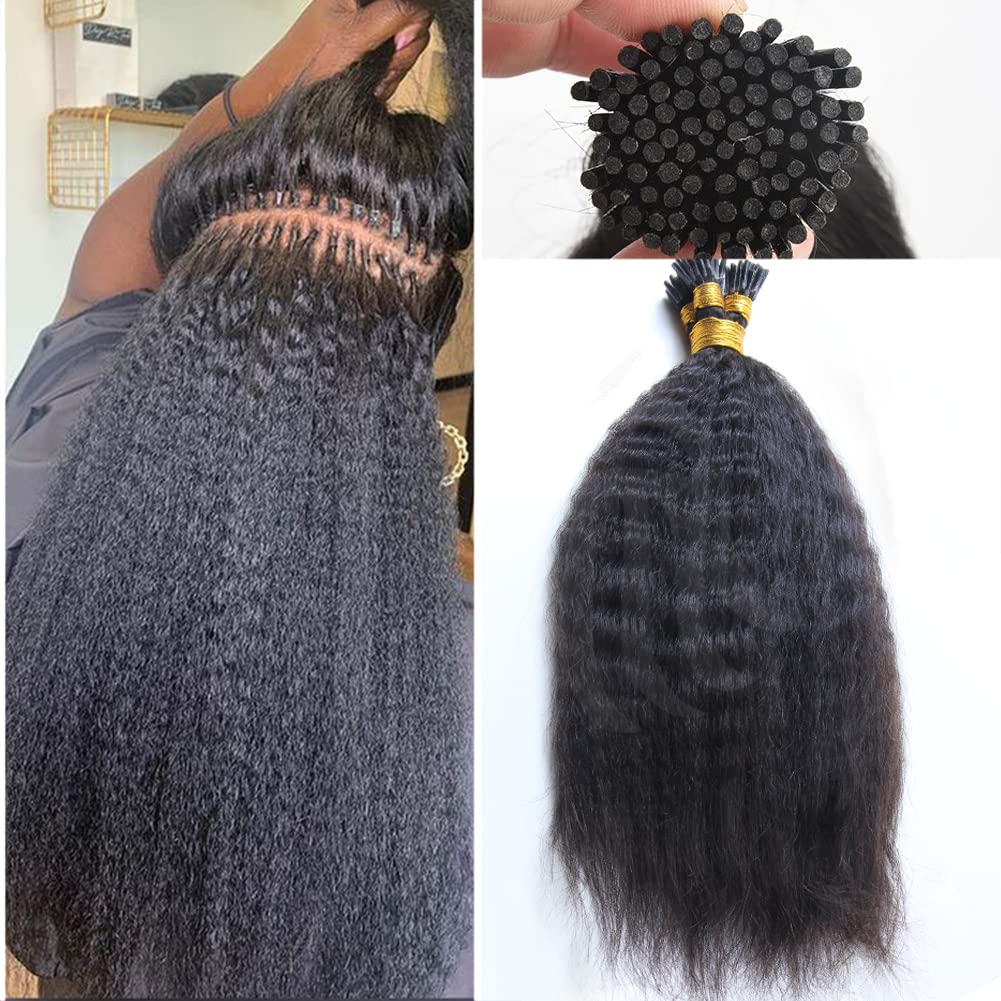 Brazilian Virgin Human Hair Extensions - 100 Strands I-Tip Kinky Straight Pre-Bonded Hairpiece (22 Inch, 90g) for Black Women | Natural Look for Daily Wear & Special Occasions