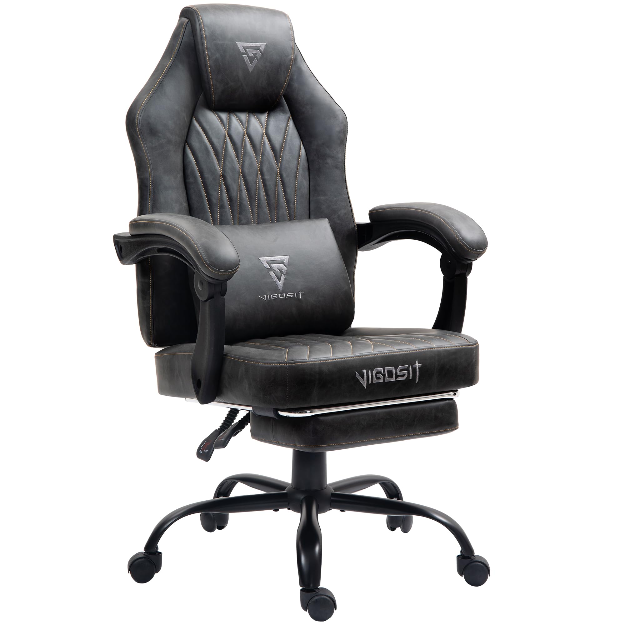 Premium Vintage Leather Gaming Chair - Ergonomic High Back Office Chair with Adjustable Lumbar Support & Footrest for Adults - Comfortable Computer Desk Chair for Home Gaming & Work (Basic Black) - Perfect for Esports, Streaming & Long Work Sessions