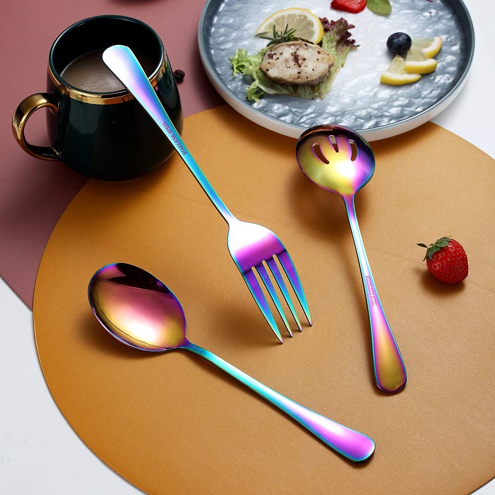 Rainbow 10-Piece Stainless Steel Flatware Set - Includes Slotted Spoon, Cake Server, Fork & Soup Ladle - Perfect for Dinner Parties, Catering & Home Entertaining