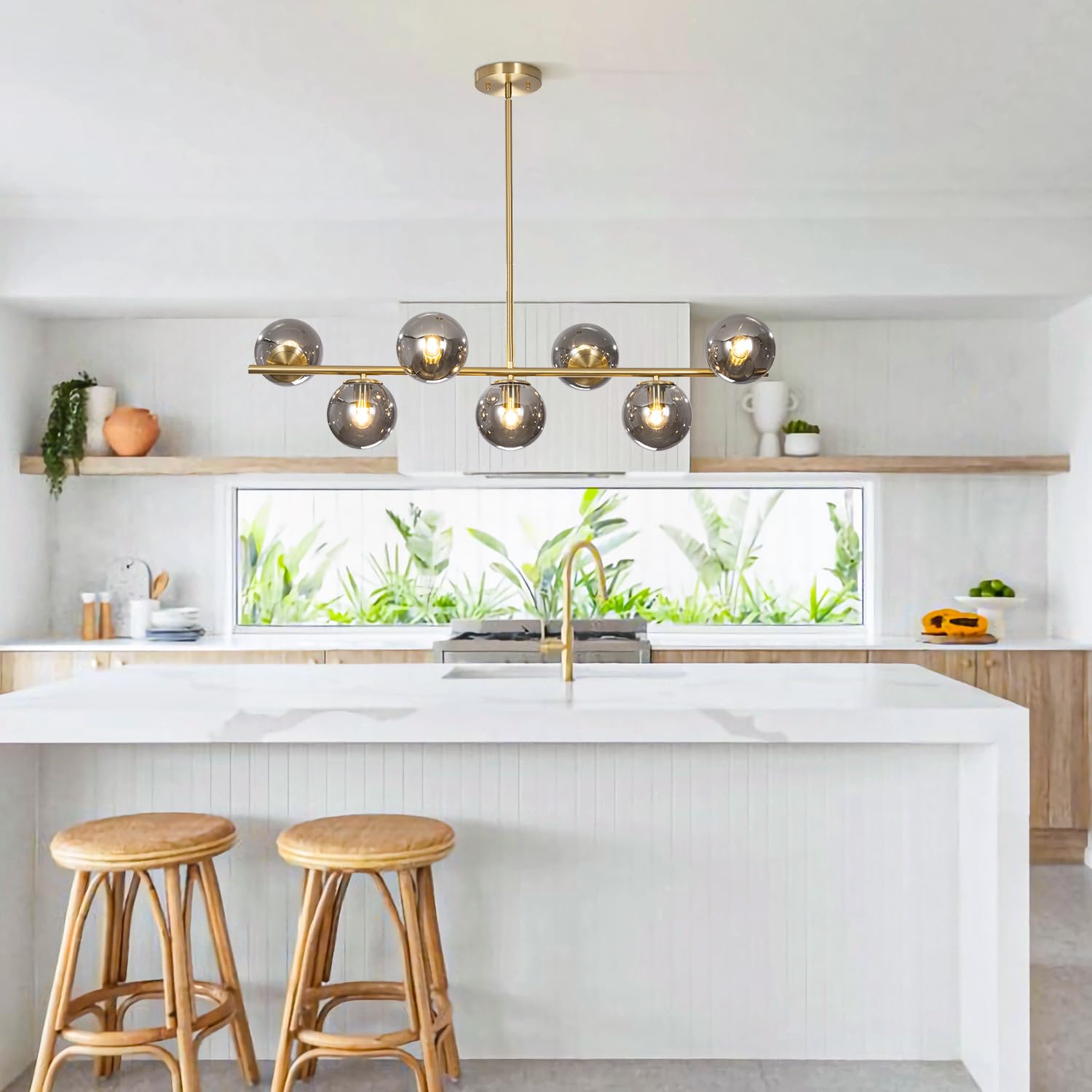 Mid Century Modern Brass Linear Chandelier with Smoke Glass Pendant - Large Gold Globe Chandelier for Dining Room Lighting | Perfect for Contemporary Dining Rooms, Kitchens & Entryways