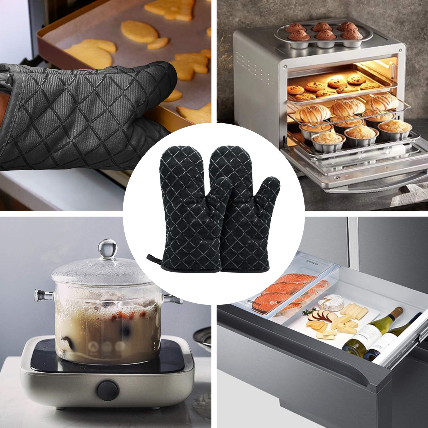 Heat Resistant Silicone Oven Gloves - Non-Slip Kitchen Mitts for Grilling, Cooking, Baking & Microwave Use - Perfect for BBQ, Pizza Making & Hot Dish Handling (Black, 1 Pair)