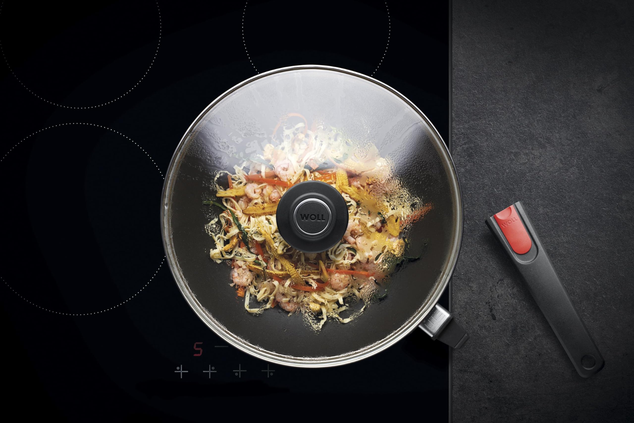 Woll Diamond Lite Cast Iron Wok Pan with Glass Lid - 34cm Diameter, 11cm Height, Removable Handle - Perfect for Stir-Frying, Sautéing & Asian Cooking