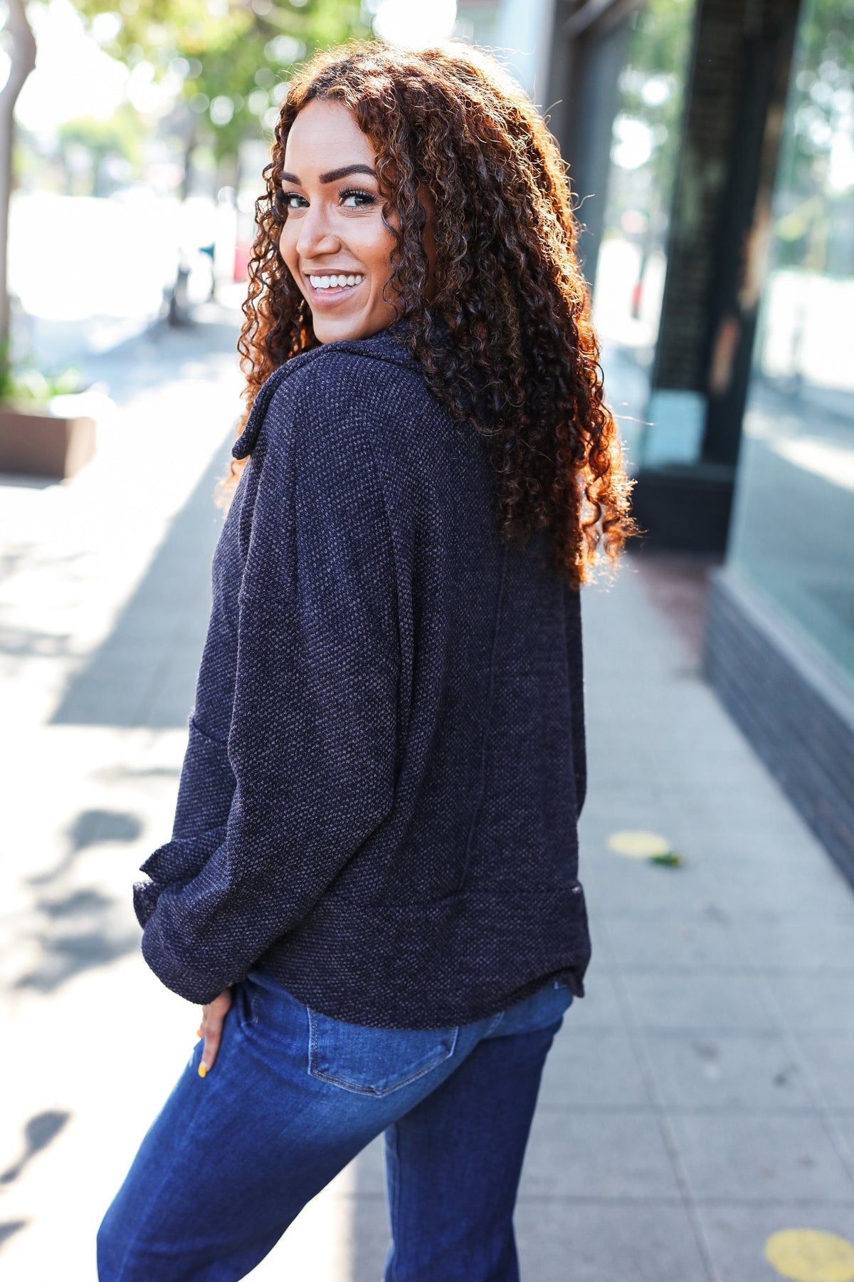 Easy Living Charcoal Textured Knit Notch Neck Oversized Collar Sweater | Women's Chunky Knit Pullover | Cozy Winter Fashion for Casual Outings & Coffee Dates