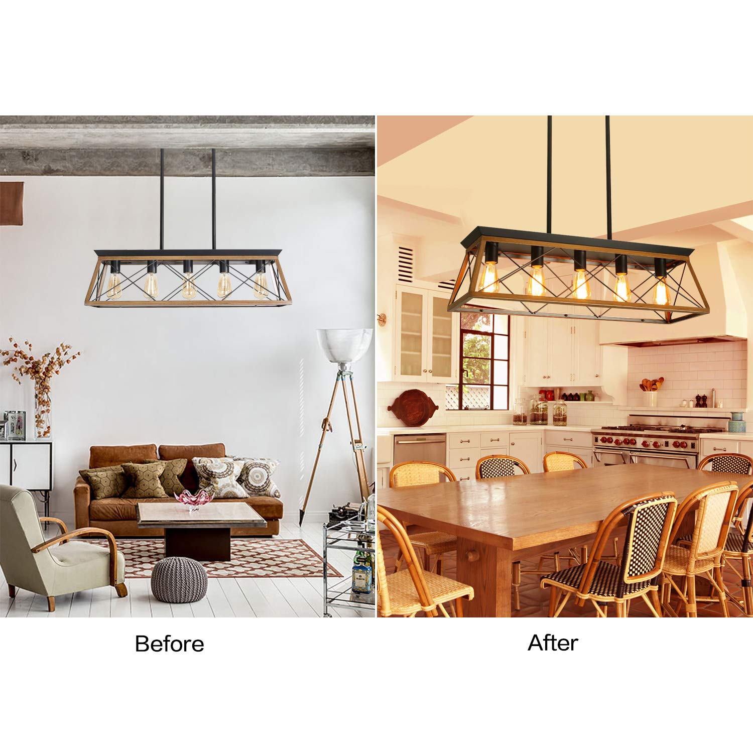 Voohek Farmhouse Chandelier - 5-Light Kitchen Island Lighting with Adjustable Height & Tilt, Walnut Finish & Rust-Resistant E26 Base | Perfect for Rustic Kitchens, Dining Rooms & Farmhouse Decor