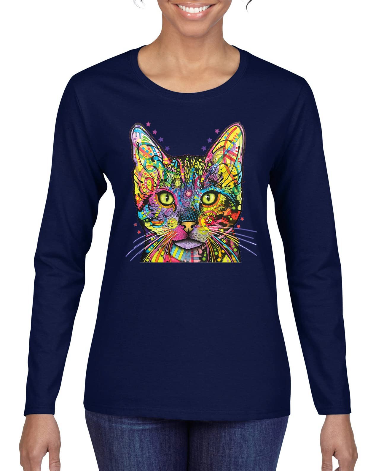 Dean Russo Art Cat Lovers Graphic Long Sleeve T-Shirt for Women - Colorful Cat Design, Cat Mom & Dad Gift - Perfect for Casual Wear, Cat Themed Parties & Gifts