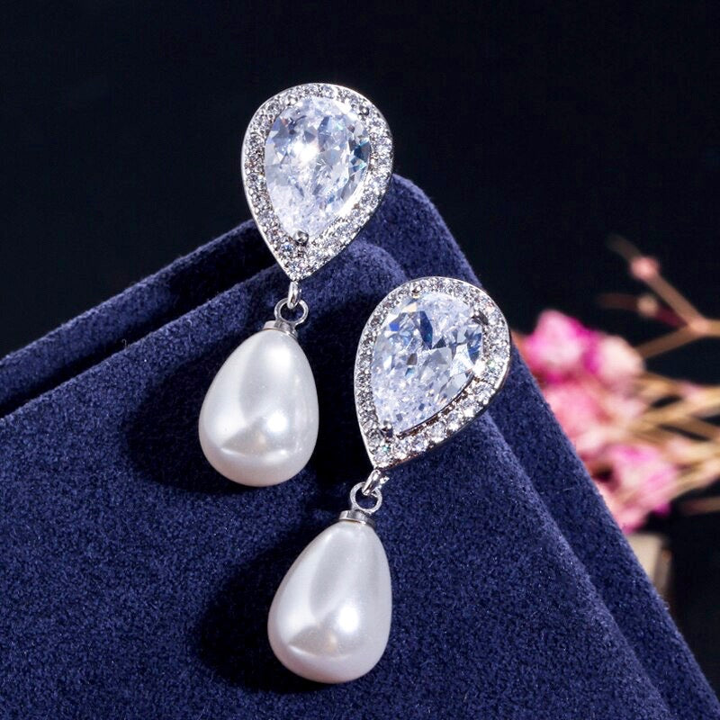 Janna Sterling Silver, Rose Gold & Yellow Gold Pearl & Cubic Zirconia Bridal Jewelry Set - Necklace & Earrings for Weddings, Anniversaries & Special Occasions