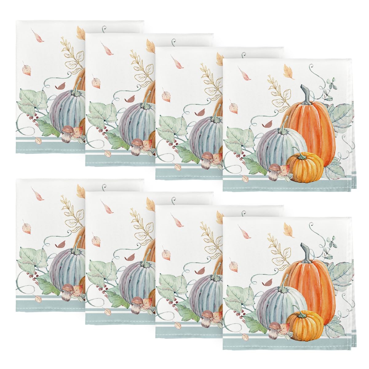 Premium 18x18 Inch Fall Cloth Napkins Set of 8 - Thanksgiving Harvest Orange & Blue Pumpkin Leaf Design - Washable Reusable Dinner Napkins for Autumn Parties, Holiday Decorations & Seasonal Table Settings
