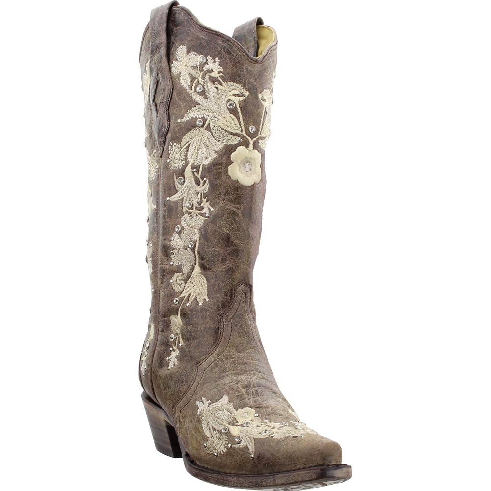 Floral Rhinestone Embroidered Women's Cowgirl Boots - Snip Toe Mid Calf Boots with 2-3