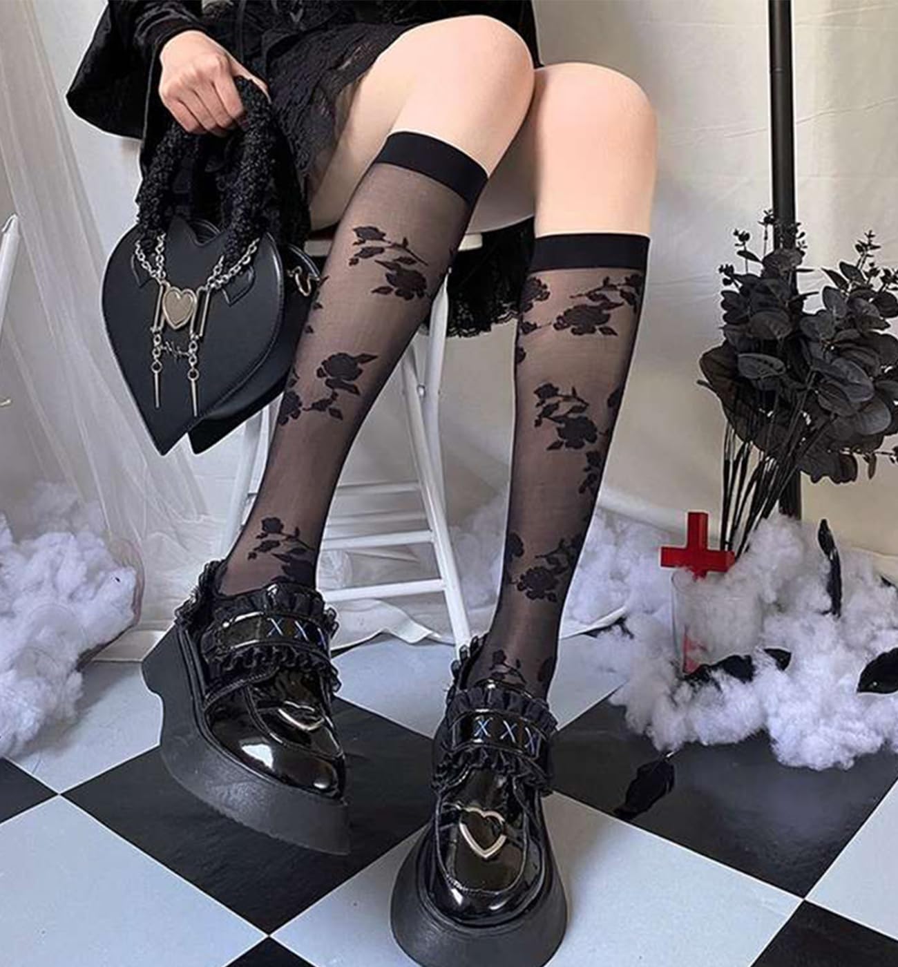Benefeet Women's Sheer Knee High Socks - Black & White Lace Stockings for Lolita Fashion