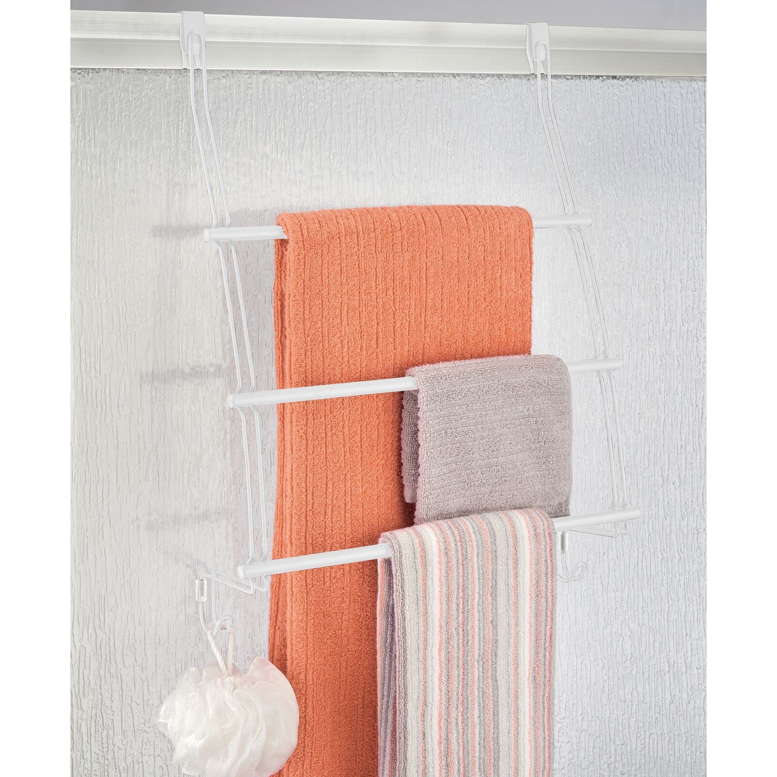 Adjustable 3-Tier Over Door Towel Rack Holder with 2 Hooks - Metal Bathroom Organizer for Shower, Blankets, Washcloths - Matte White - Perfect for Small Spaces & Back of Door Storage