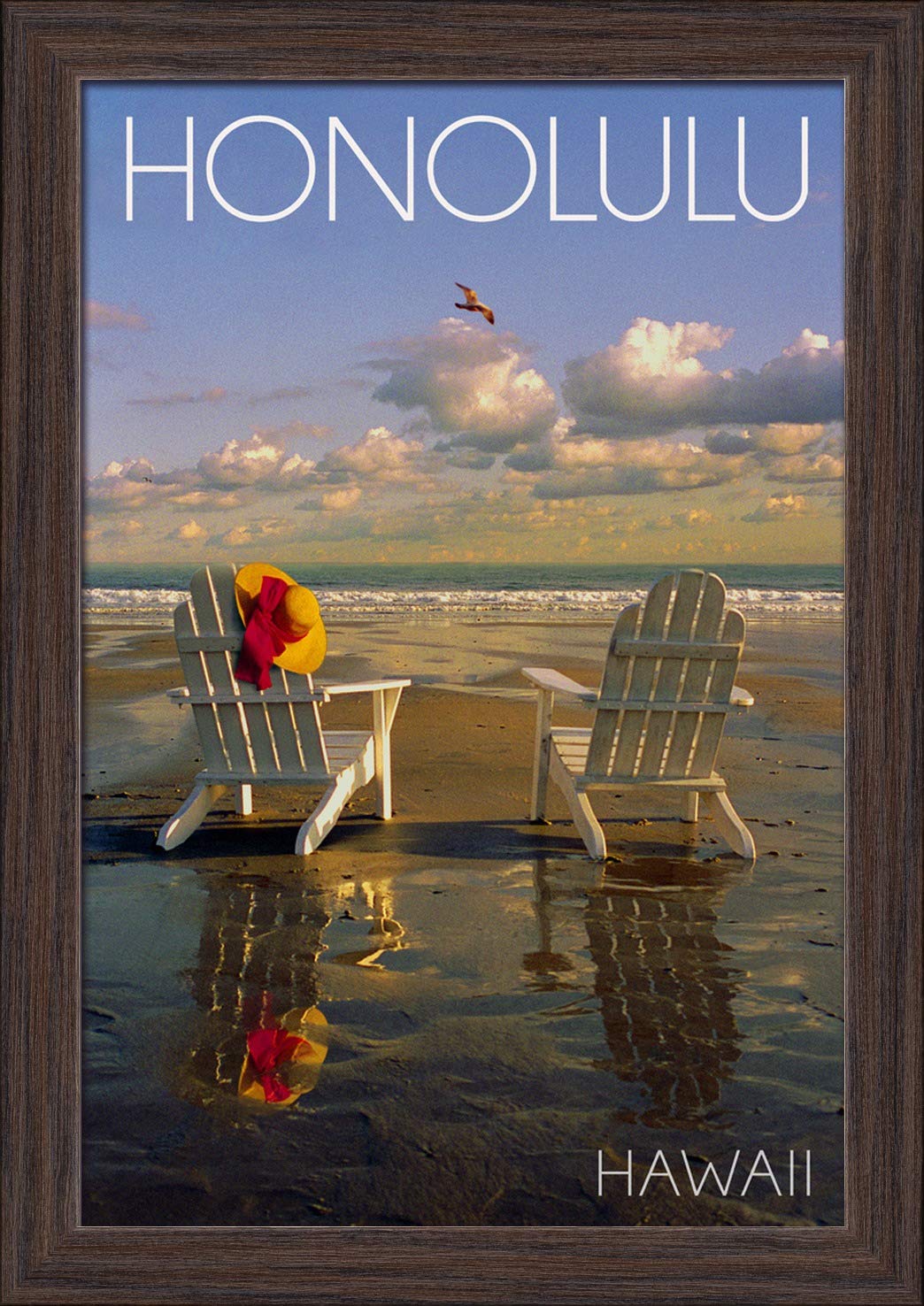 Hawaii Beach Adirondack Chairs - 12x18 Giclee Fine Art Print with Recycled Wood Frame in Espresso Brown - Perfect for Coastal Home Decor & Beach House Wall Art