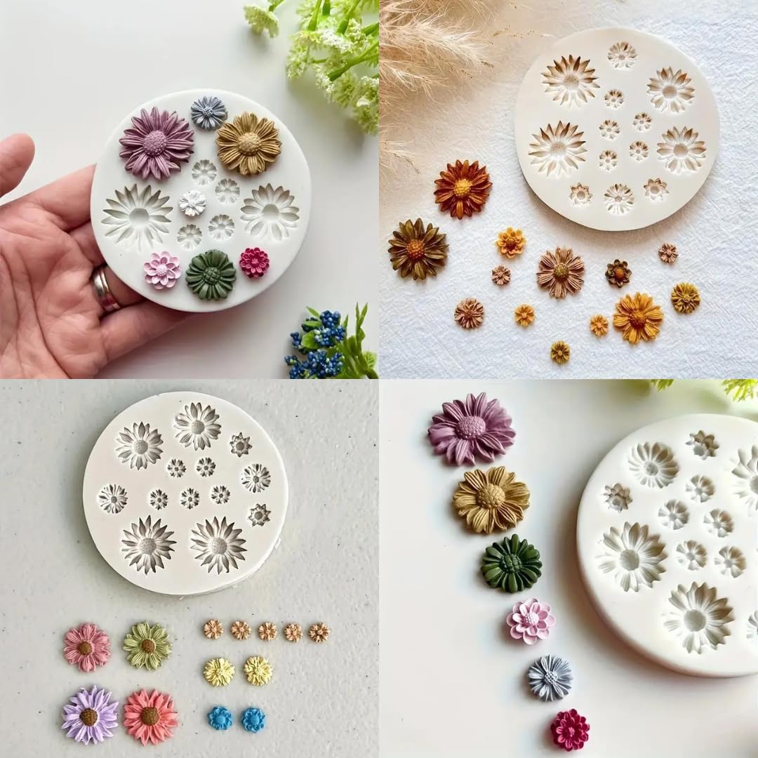 Skytail 13 Cavity Daisy Sunflower Silicone Mold for Fondant, Chocolate, Candy, Cake Decorating - Perfect for Cupcake Toppers, Jelly Desserts, Ice Cubes, Soap, Candle Wax & Resin Jewelry Making - DIY Baking & Craft Essential