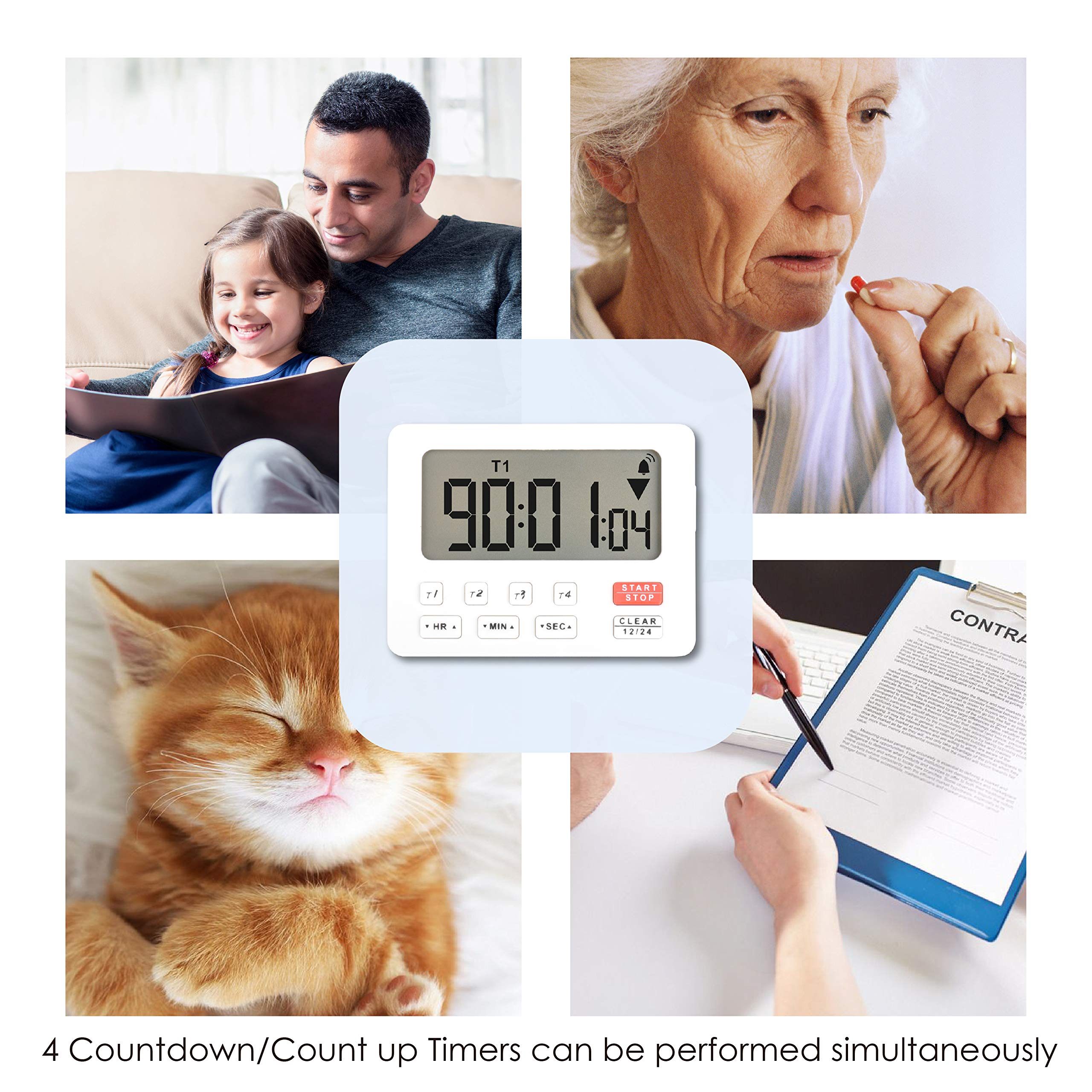 Runleader Digital Kitchen Timer with 4 Tracking Channels - Countdown & Stopwatch, 12/24 Hour Clock, Magnetic Back & Loop - Perfect for Cooking, Baking, Lab Work, Homework, and Exercise (White-206)