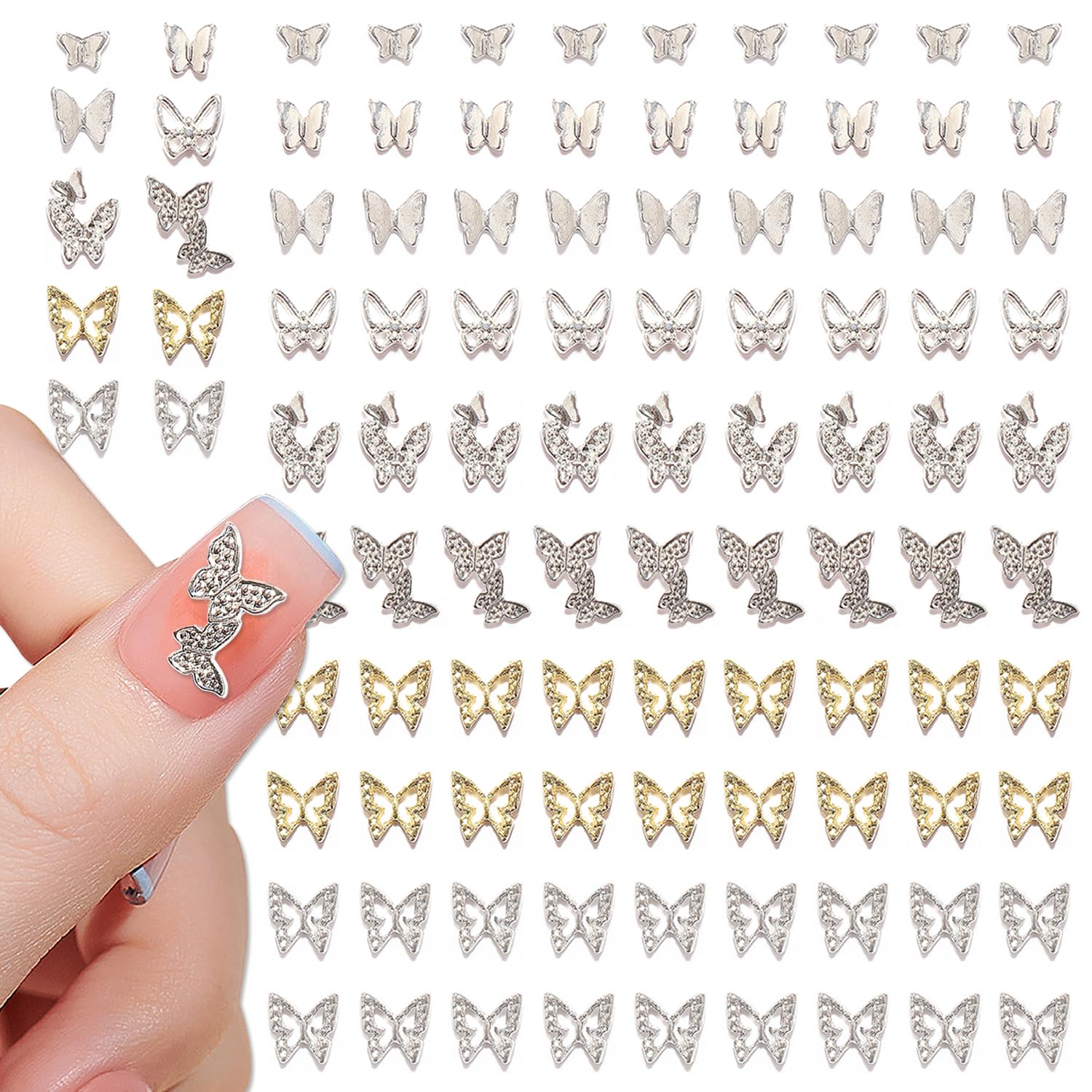 SILPECWEE 100pcs 3D Gold Silver Butterfly Nail Charms - Alloy Hollow Nail Studs & Nail Jewels for Nail Art Decoration | Perfect for Acrylic Nails, DIY Manicures & Professional Salon Use