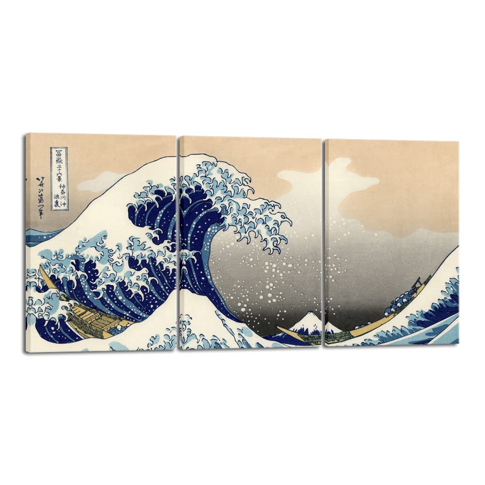 Wieco Art Great Wave of Kanagawa by Katsushika Hokusai - 3 Piece Modern Stretched Canvas Prints, Abstract Ocean Painting Wall Art for Home & Office Decor - Perfect for Living Room, Bedroom or Workspace