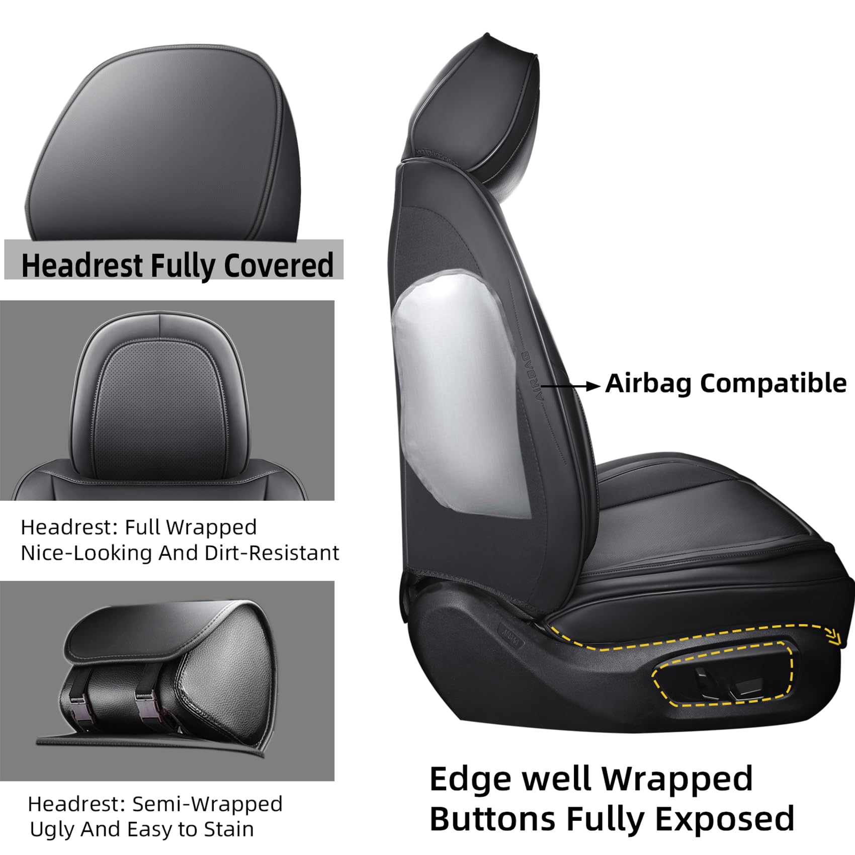 Premium Faux Leather Car Seat Covers Full Set - Universal Fit for Most Sedans & SUVs | Super Breathable, Full Wrapping Edge Design | Perfect for Daily Commute, Road Trips & Family Protection (Black)