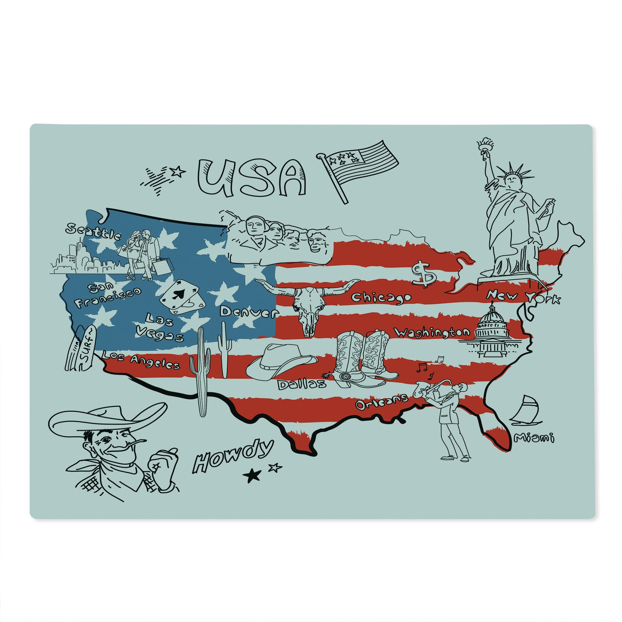 Ambesonne American Flag Cutting Board - Hand Drawn USA Map with All 50 States, Texas Cowboy Themed Tempered Glass Serving Board (Large Size, White Blue Red) - Perfect for Kitchen Decor, BBQ Parties & Patriotic Gift Giving