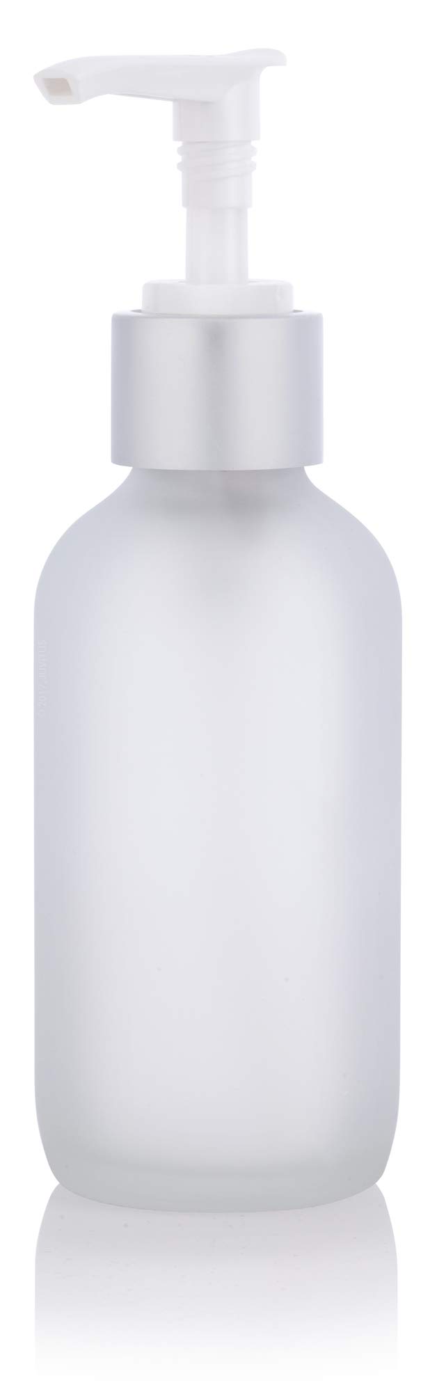 JUVITUS 4 oz Frosted Clear Glass Boston Round Bottle with Silver Lotion Pump (6 Pack) + Funnel - Perfect for Essential Oils, DIY Skincare, and Travel Toiletries Storage