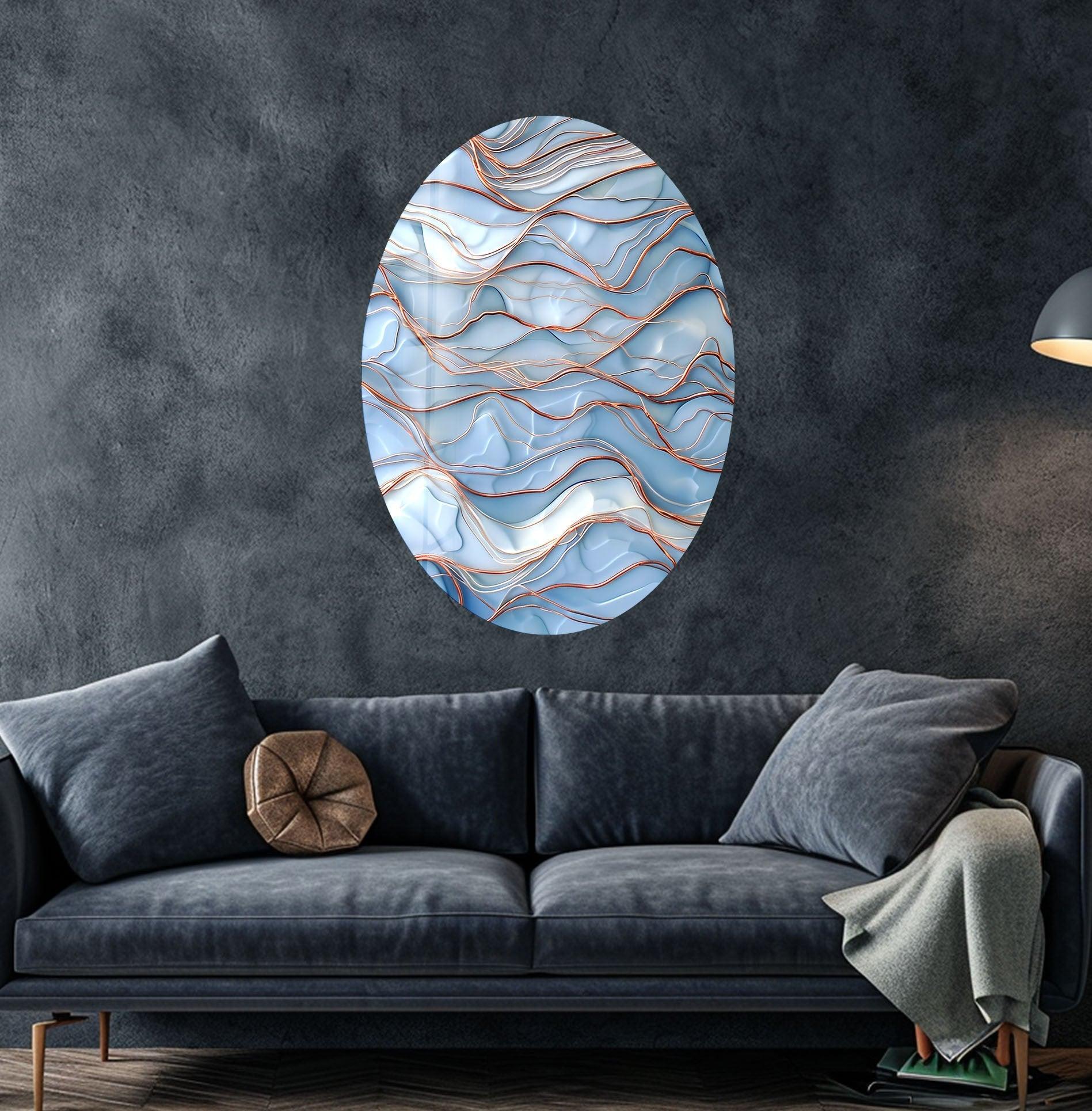 Asymmetric Oval Golden & Blue Glass Wall Art Decor - Modern Handmade Mosaic Glass Panel for Living Room, Bedroom, Office & Interior Design