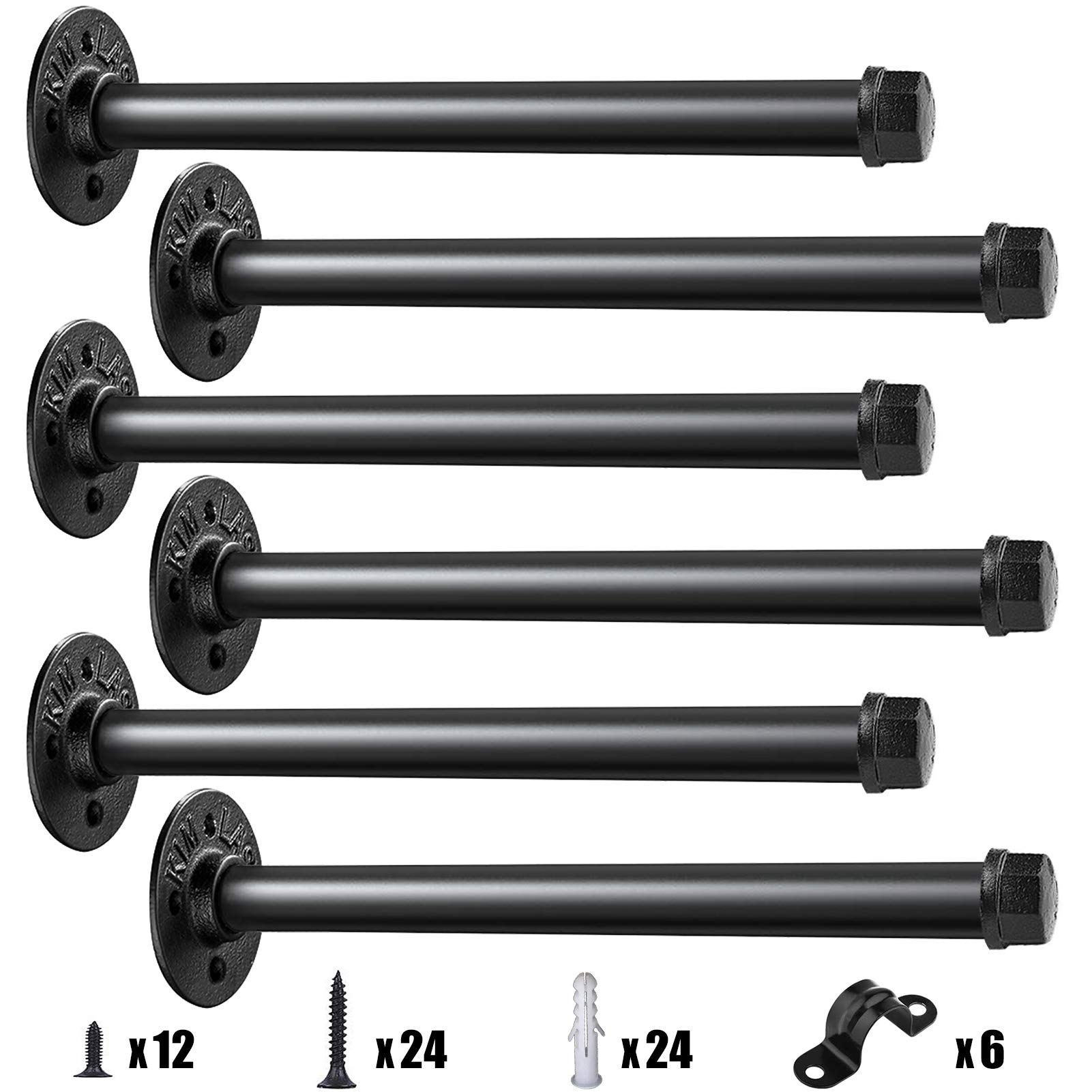 Heavy Duty Black Iron Pipe Shelf Brackets - 6 Inch, Wall Mounted for Floating Shelves (6 Pack) - Perfect for Industrial & Rustic Home Decor