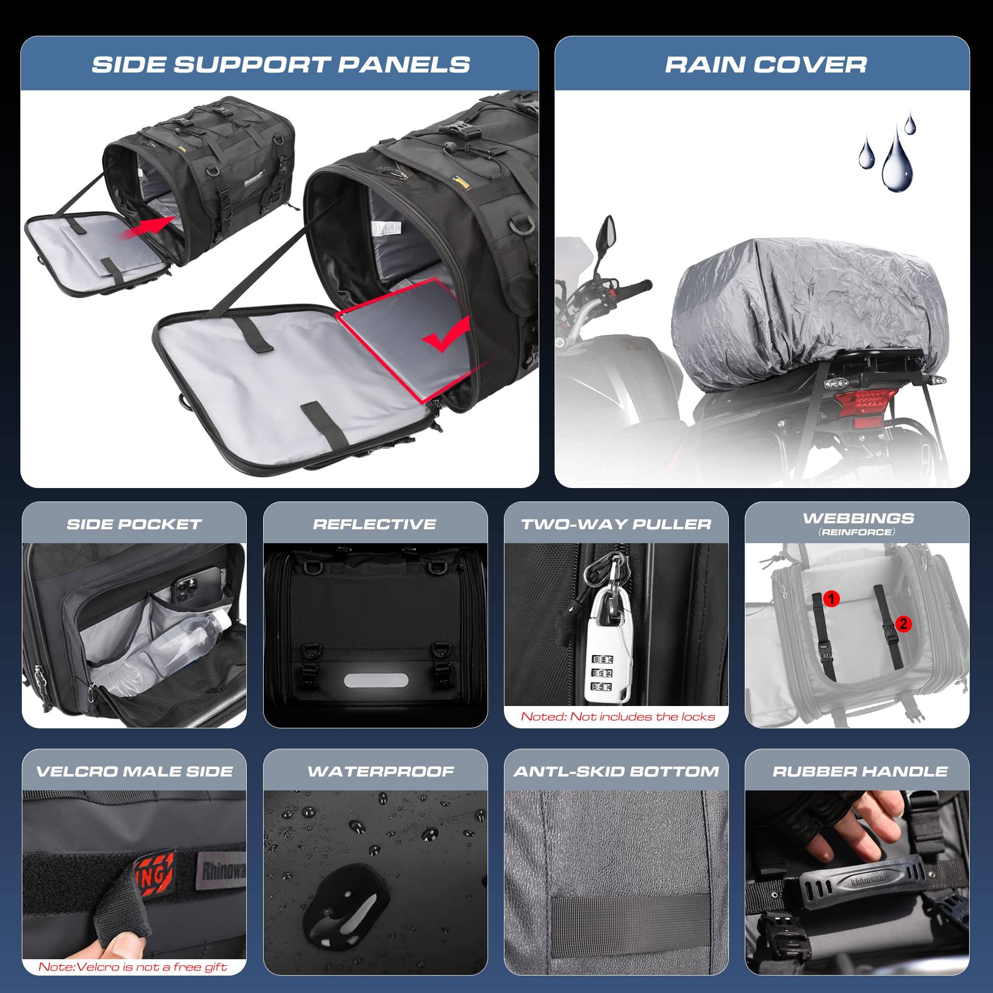 Rhinowalk 60L Expandable Waterproof Motorcycle Tail Bag - All-Weather Travel Luggage with Sissy Bar Straps & Helmet Rain Cover - Black | Perfect for Long-Distance Rides, Commuting & Adventure Touring