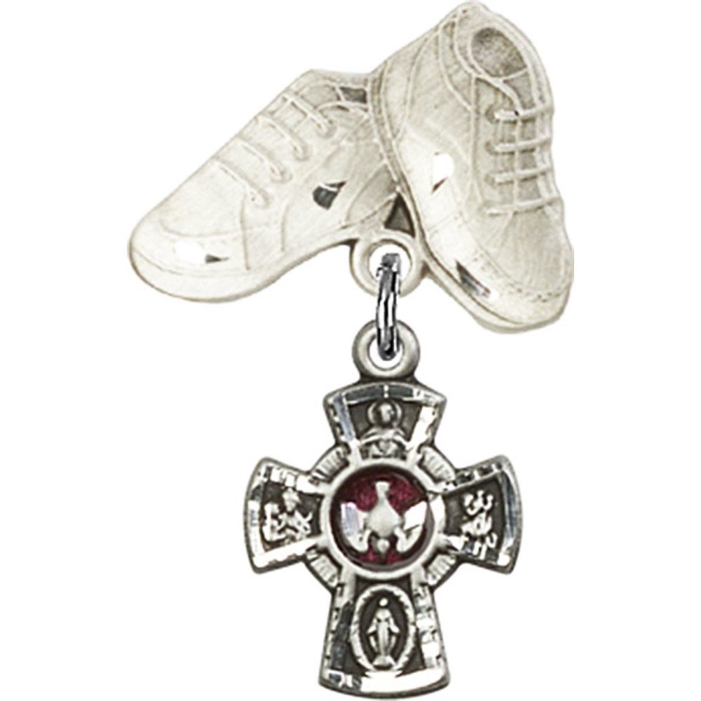 Sterling Silver Baby Badge with Red 5-Way Charm & Baby Boots Pin - 1 1/8
