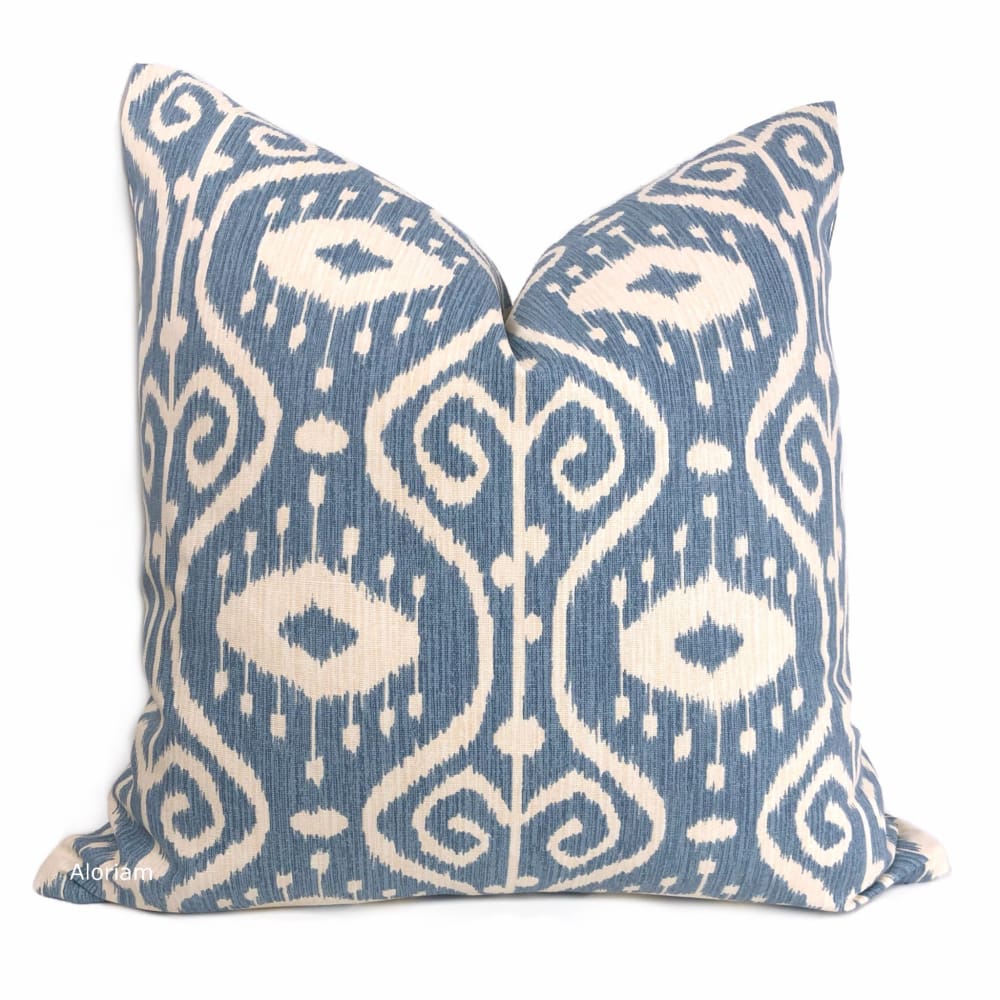 Kubla Denim Blue Cream Ikat Ethnic Print Pillow Cover - Bohemian Home Decor for Living Room, Bedroom & Sofa - 18x18 Inches
