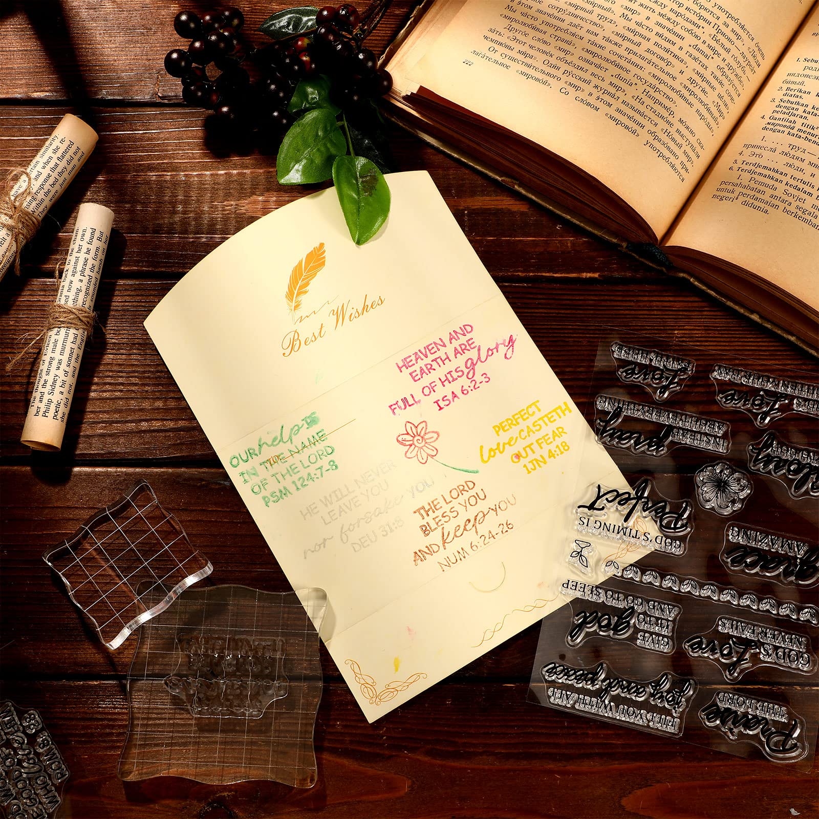 4 Sheets Clear Bible Verse Stamps for Scrapbooking - Acrylic Christian Craft Stamps with 2 Rubber Blocks & Grid Lines - DIY Card Making, Journaling, Bible Study (Classic Style)