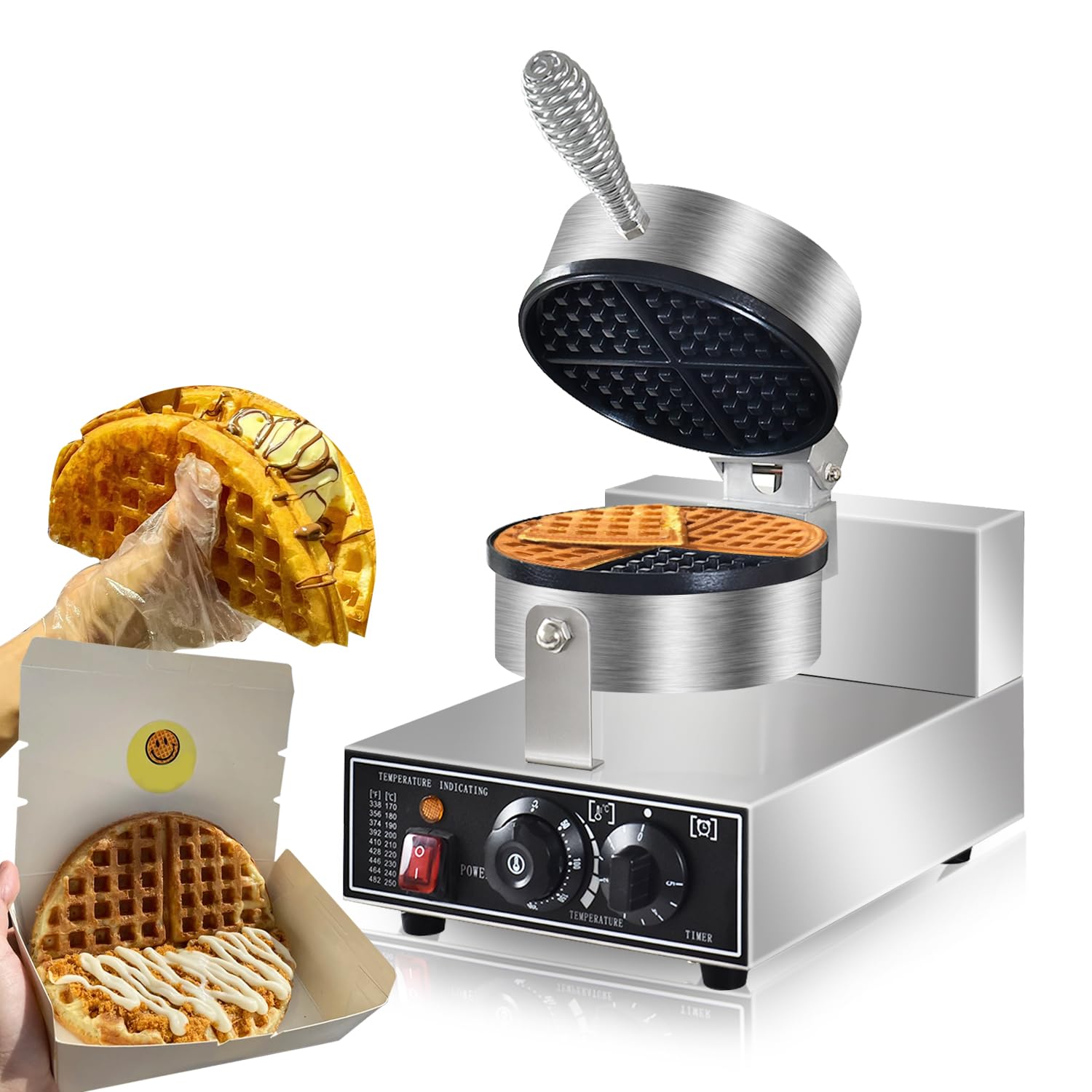 Commercial Waffle Maker Machine - 1300W Electric Waffle Iron with Non-Stick Coating, Adjustable Temperature & Timer, 110V - Perfect for Hotels, Restaurants, and Breakfast Cafes