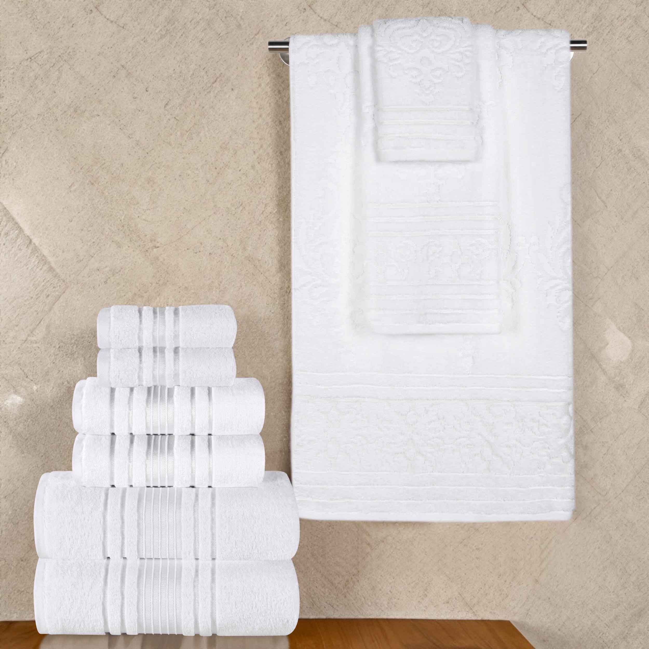 Sadie 9-Piece Zero Twist Cotton Towel Set - Solid & Jacquard Floral Bath Towels, Hand Towels & Washcloths - Soft & Absorbent for Bathroom, Spa & Guest Room