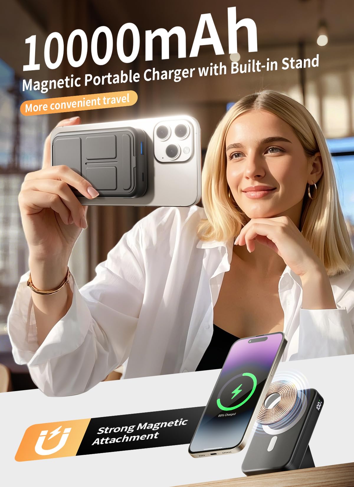 10000mAh Magsafe Battery Pack - Wireless Portable Charger with 20W USB-C Fast Charging, Magnetic Power Bank with Foldable Stand & LED Display - Compatible with iPhone 16/15/14/13/12 Series | Perfect for Travel, Work & Outdoor Activities