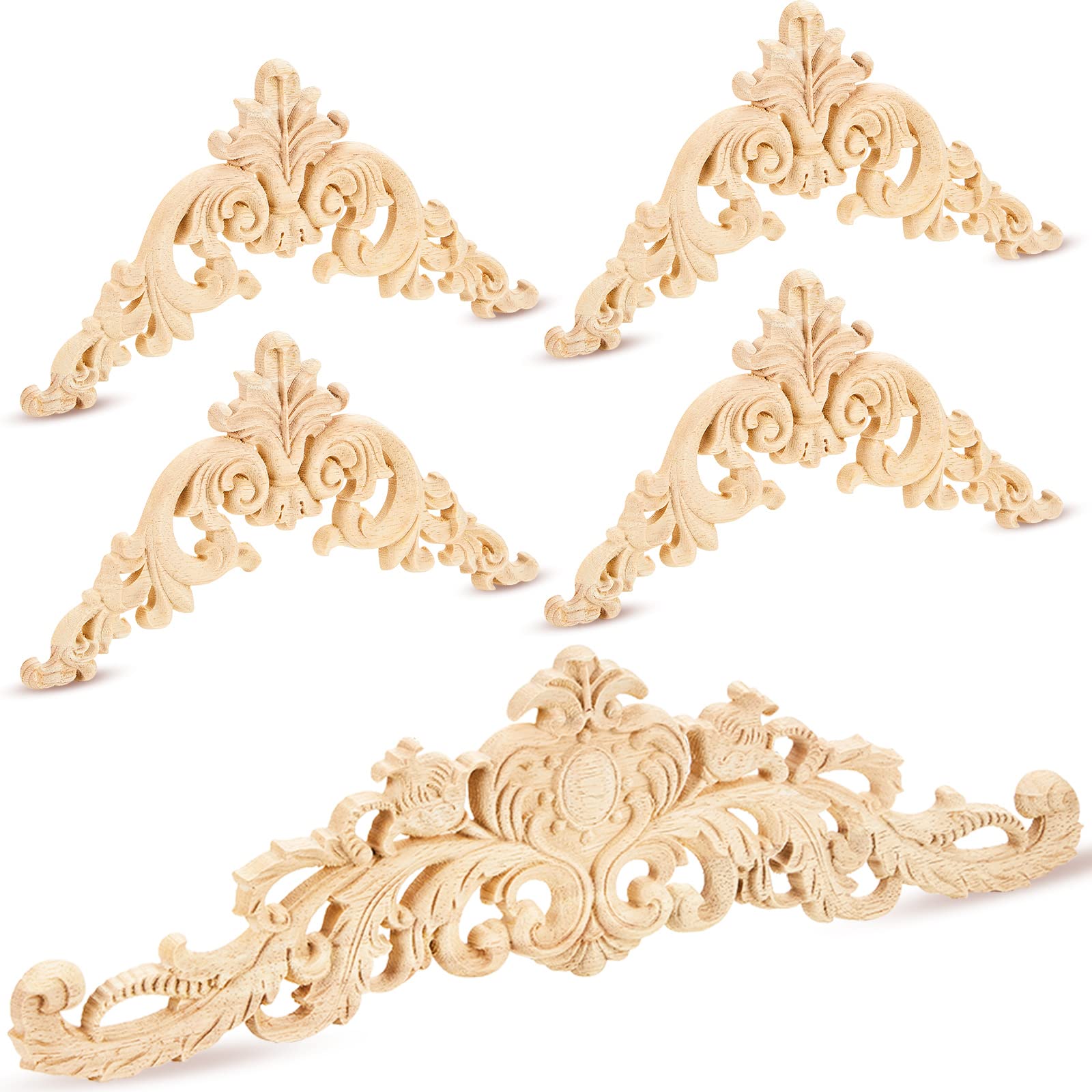 Handcrafted Wood Appliques & Onlays for Furniture - Decorative Wood Carvings for DIY Bed, Door, Cabinet & Wardrobe - Large Size (5-Piece Set) - Perfect for Home Decor & Vintage Furniture Restoration