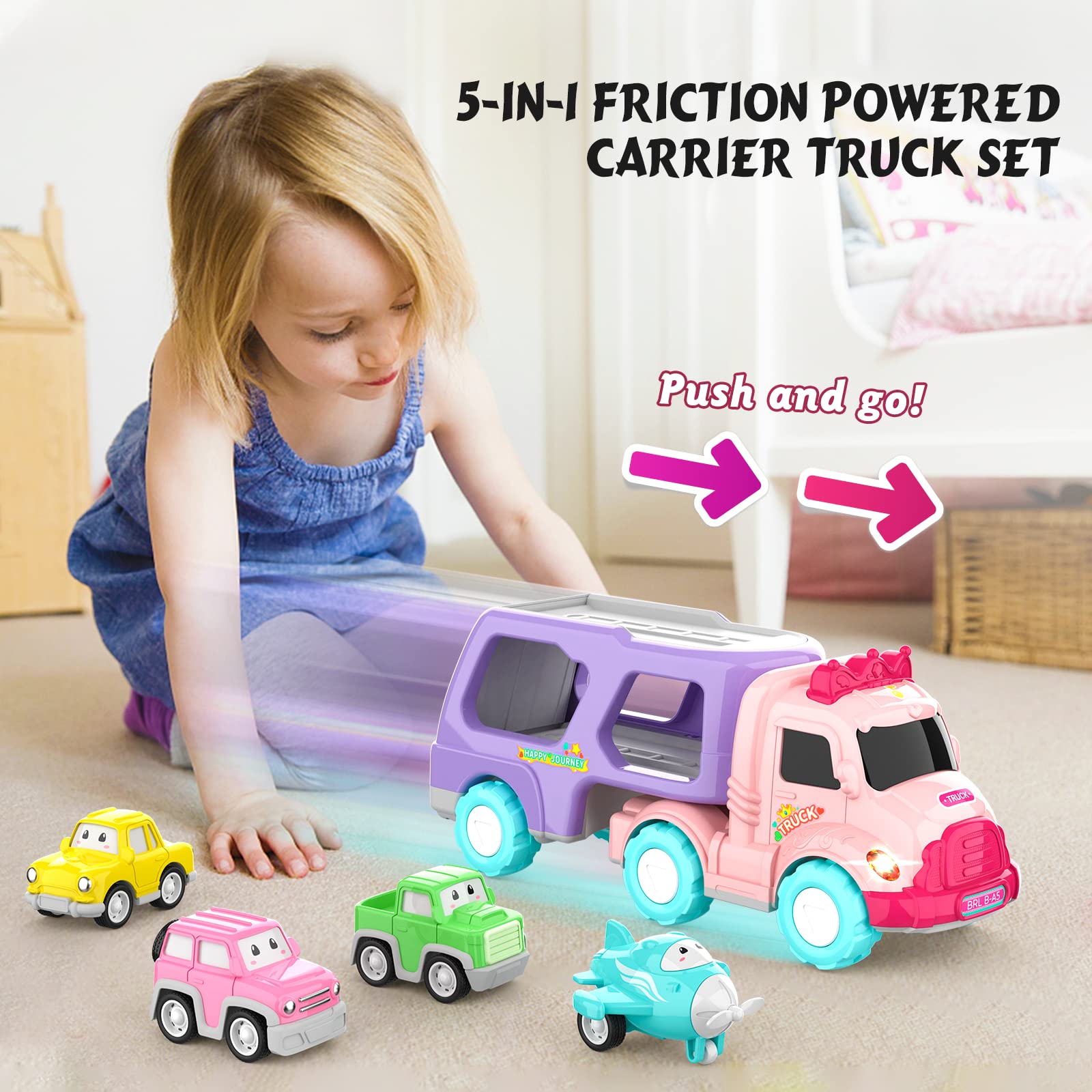 1-3 Year Old Girl's 5-in-1 Friction Truck Toy with Lights & Sounds - Birthday Gift for Toddlers - Indoor & Outdoor Play