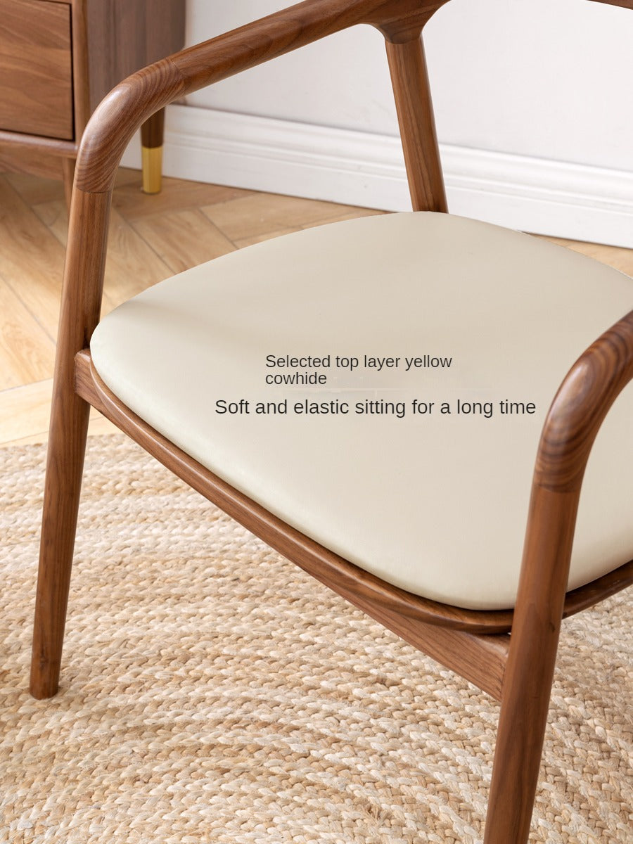 Premium Black Walnut & Ash Solid Wood Dining Chair with Genuine Cowhide Upholstery and Horn Accents - Elegant Farmhouse Style Seating for Dining Room, Kitchen, or Office