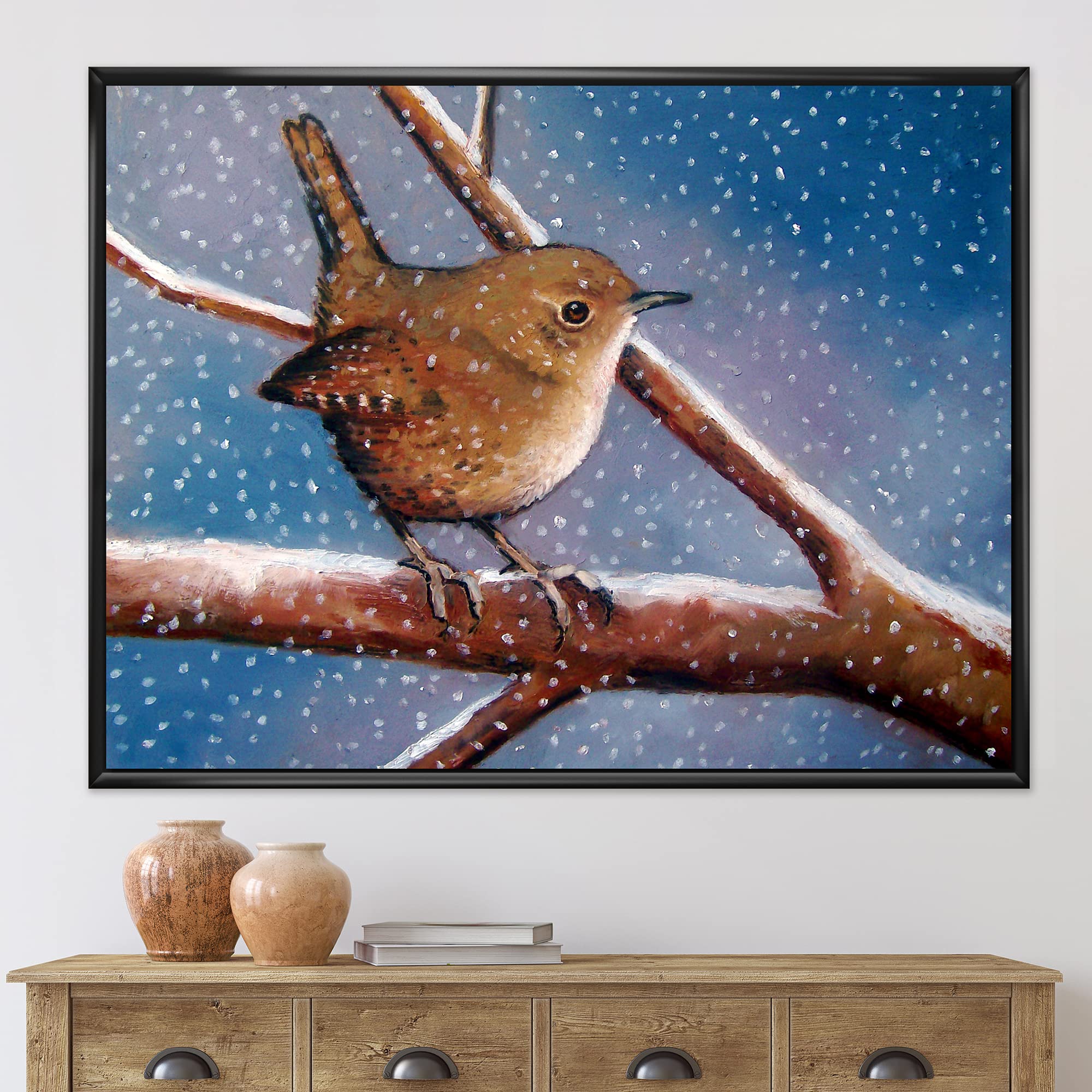 DesignQ Wren In Winter - Farmhouse Framed Canvas Wall Art Print - Rustic Home Decor for Living Room, Bedroom & Office - Perfect Christmas Gift & Seasonal Wall Decor