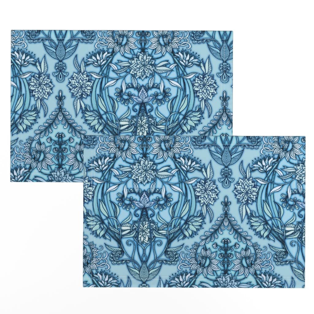 Botanical Moroccan Blue Floral Print Linen Cotton Canvas Placemats Set of 2 - Navy Blue Plant Illustration Table Mats for Dining, Kitchen Decor, and Party Table Setting