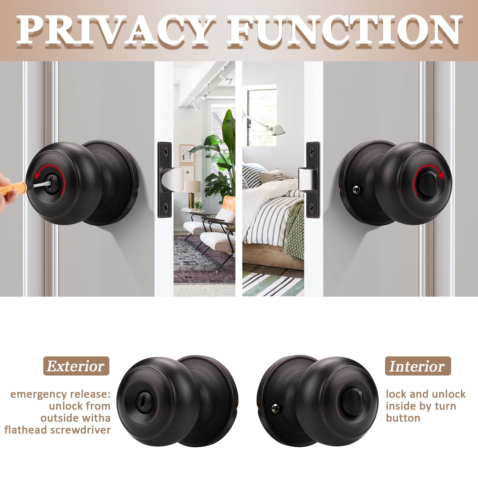 Probrico 5-Pack Oil Rubbed Bronze Keyless Privacy Doorknob Lockset - Secure Interior Bathroom & Bedroom Door Locks for Home Privacy