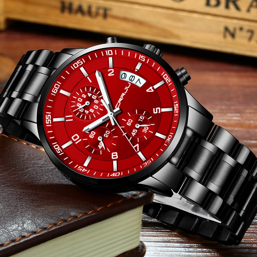 CRRJU Men's Stainless Steel Chronograph Watch with Date Display - Waterproof Wristwatch for Business, Casual & Outdoor Activities - Durable Steel Band for Everyday Wear